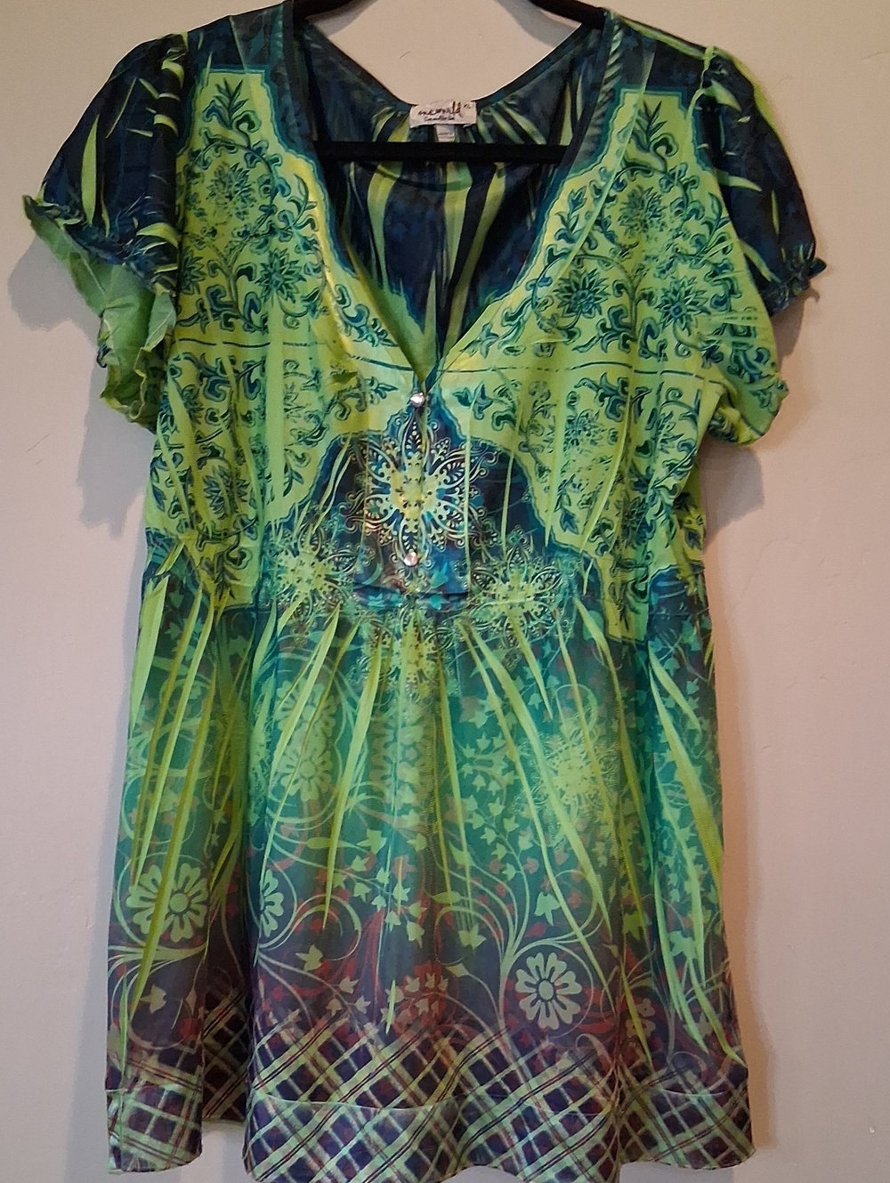 ONE WORLD Lime & Teal Printed V-Neck Tunic